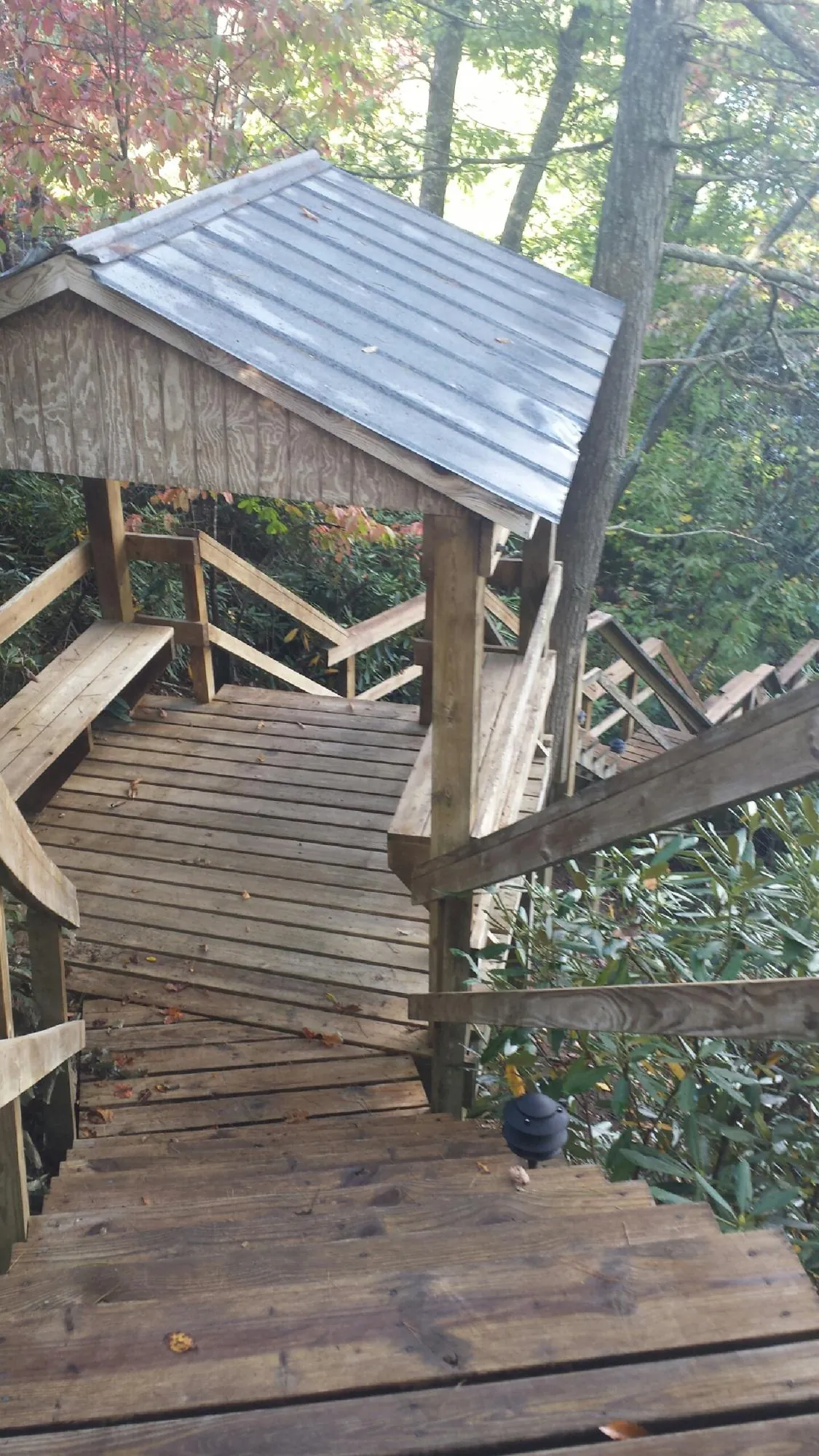 Metal roofed shelter over wooden steps on a wooded walkway — Skylight Repair & Installation work by our crew in Westport
